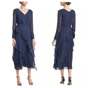 BANANA REPUBLIC | Blue/Black Camo-Print Bias-Ruffle Chiffon Midi Dress Size 0